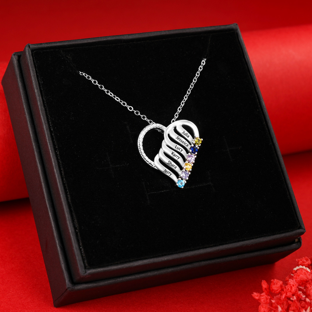 Personalised Heart Necklace With 6 Birthstones Engraved Names Gift For Her-Jessemade AU