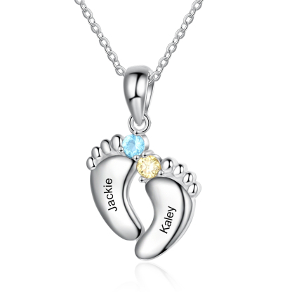 Personalised Baby Feet Necklace With 2 Birthstones Engraved Names Gift For Mother-Jessemade AU