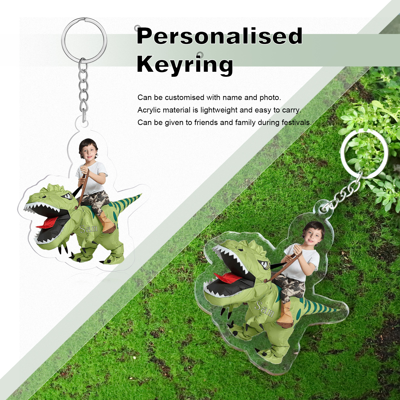 1 Name - Personalised Acrylic Dinosaur Keychain Customised Name & Photo Keychain Gift for Kids-Jessemade AU