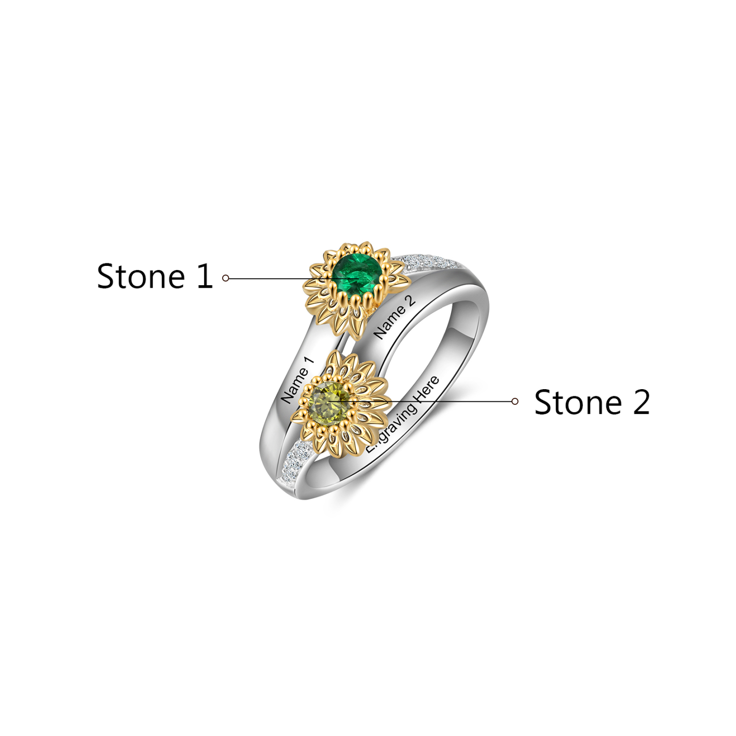 Personalised Sunflower Ring With 2 Birthstones Engraved Names Ring Gift For Women-Jessemade AU