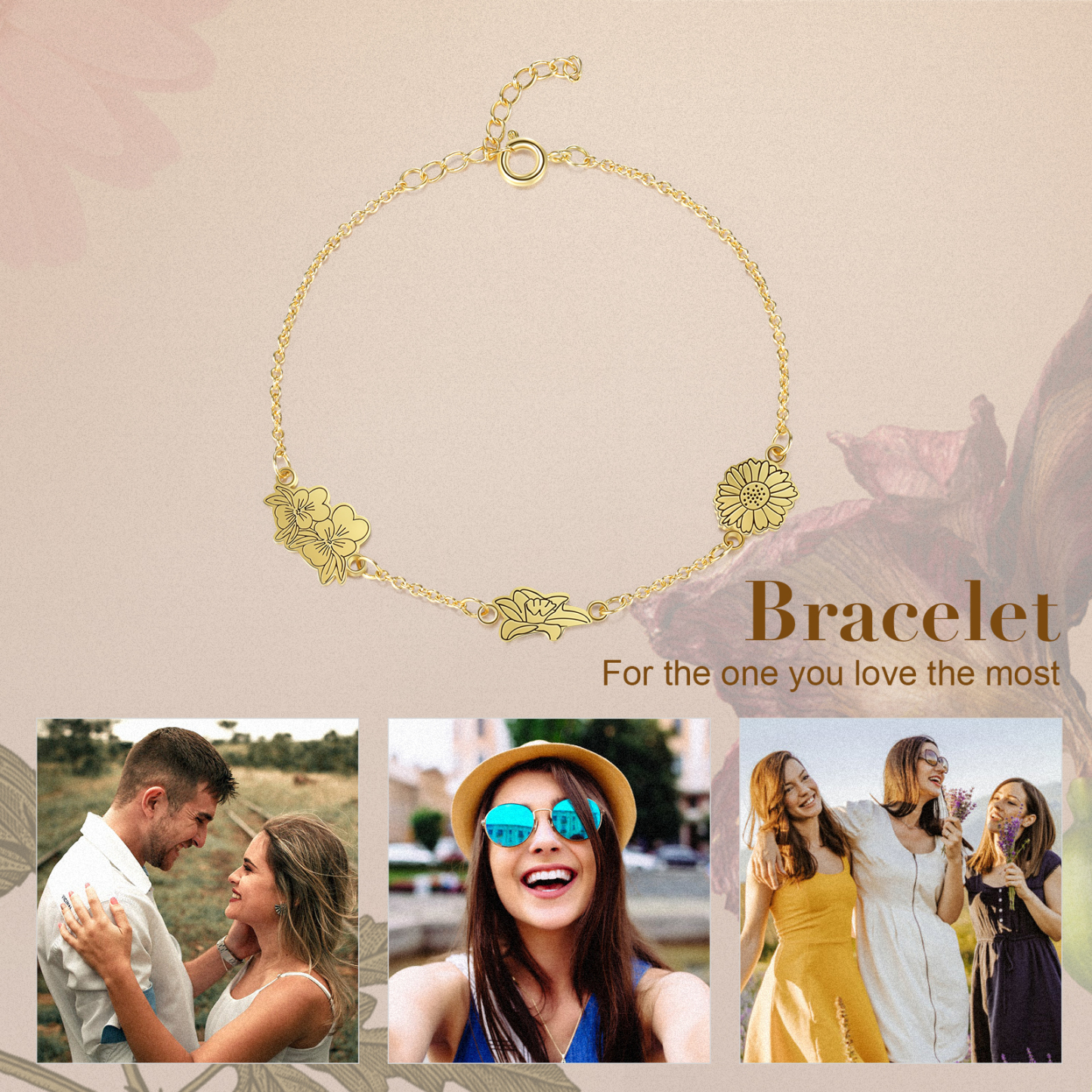 Personalised 3 Birth Flowers Elegant Woman's Bracelet-Jessemade AU