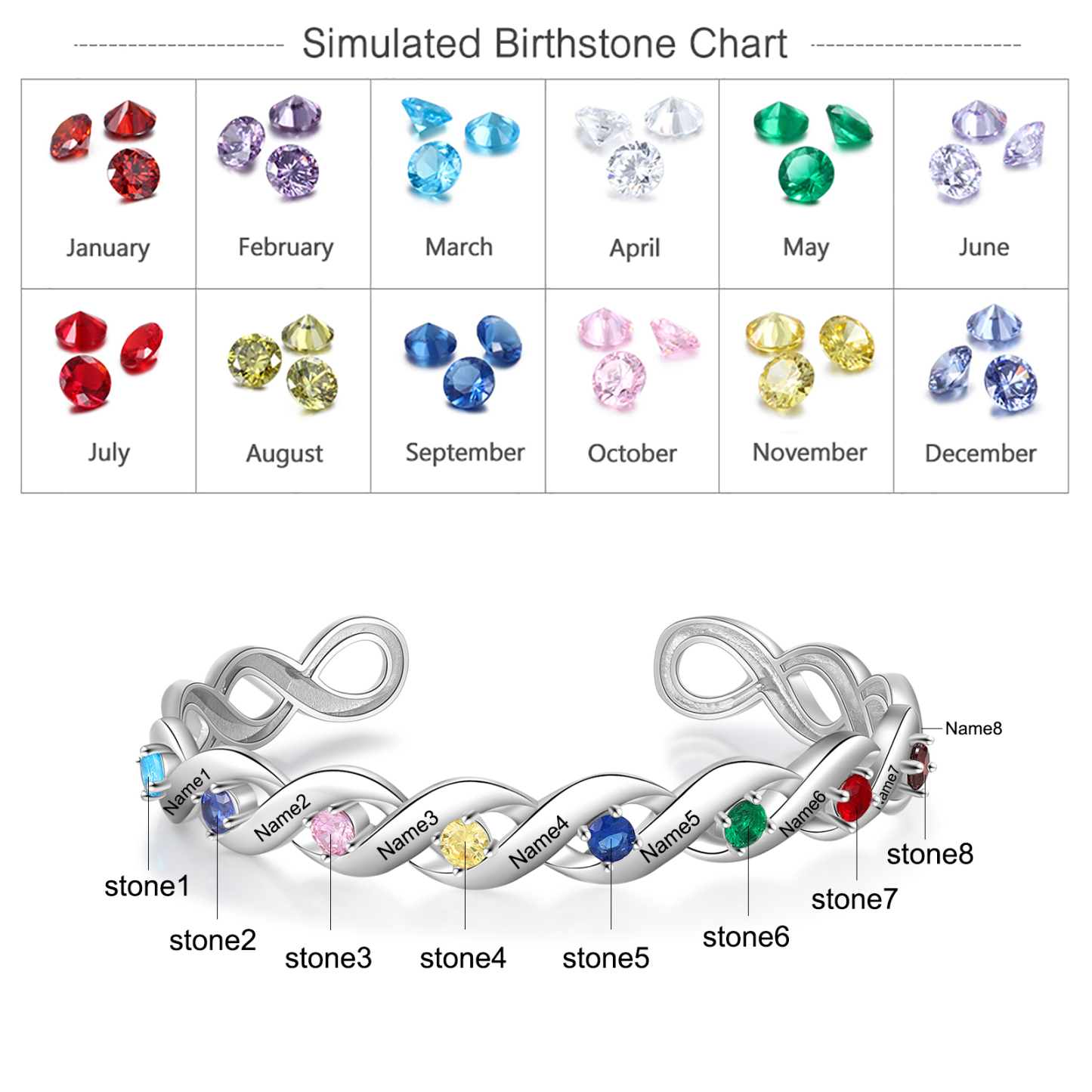 Personalised Spiral Chain Bracelet With 8 Birthstones Custom Names Bracelet Gift For Women-Jessemade AU