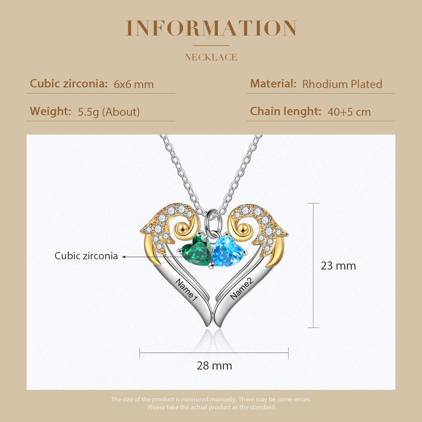 Personalised Heart Wings Necklace With 2 Birthstones Engraved Names Best Gift For Her-Jessemade AU