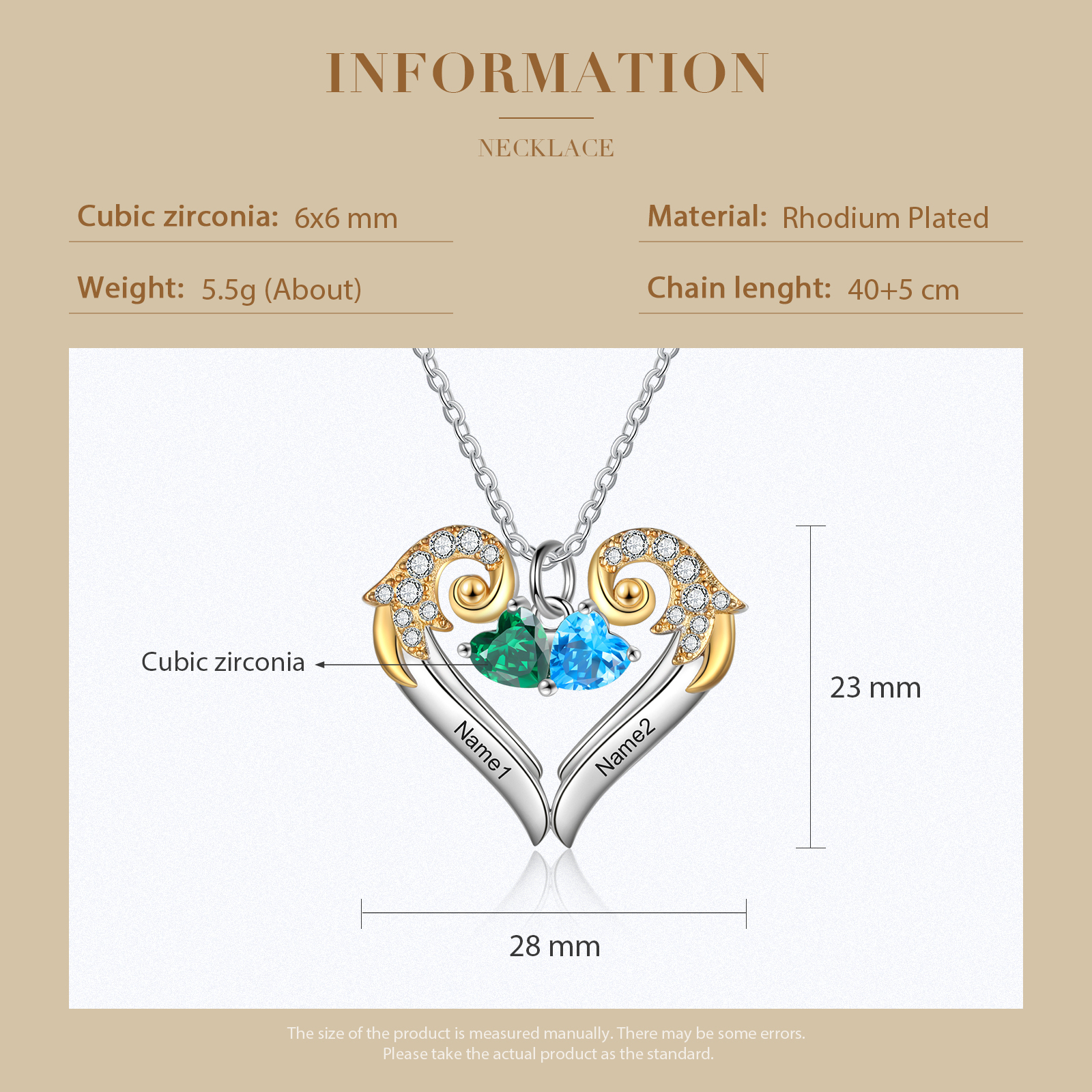 Personalised Heart Wings Necklace With 2 Birthstones Engraved Names Best Gift For Her-Jessemade AU