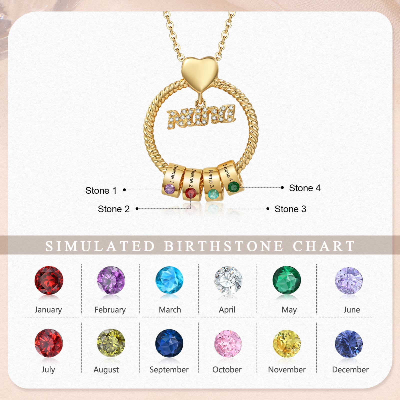 4 Names - Personalised Nana Necklace Custom Names & Birthstones Circle Pendant Necklace Gift for Grandma Nana-Jessemade AU