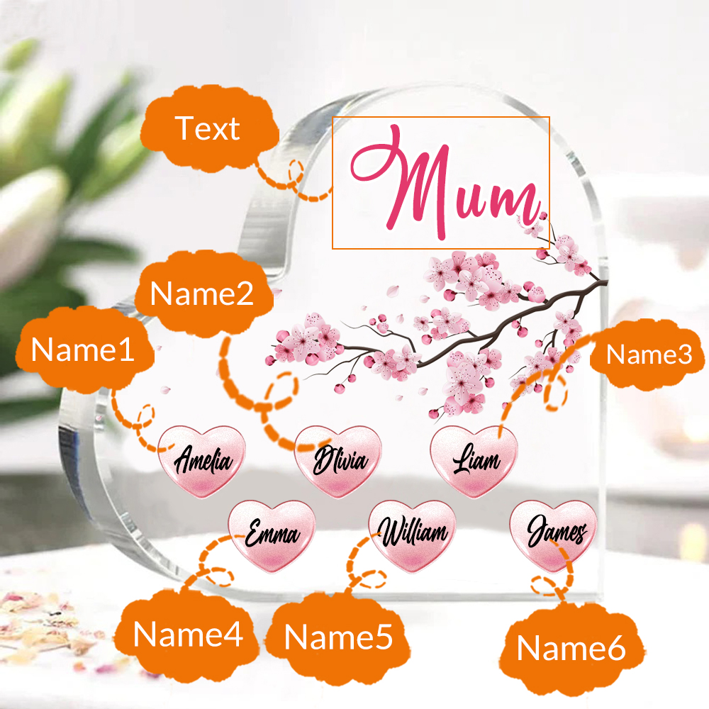 6 Names - Personalised Acrylic Heart Keepsake Custom Text Peach Blossom Ornaments Gifts for Grandma/Mother-Jessemade AU
