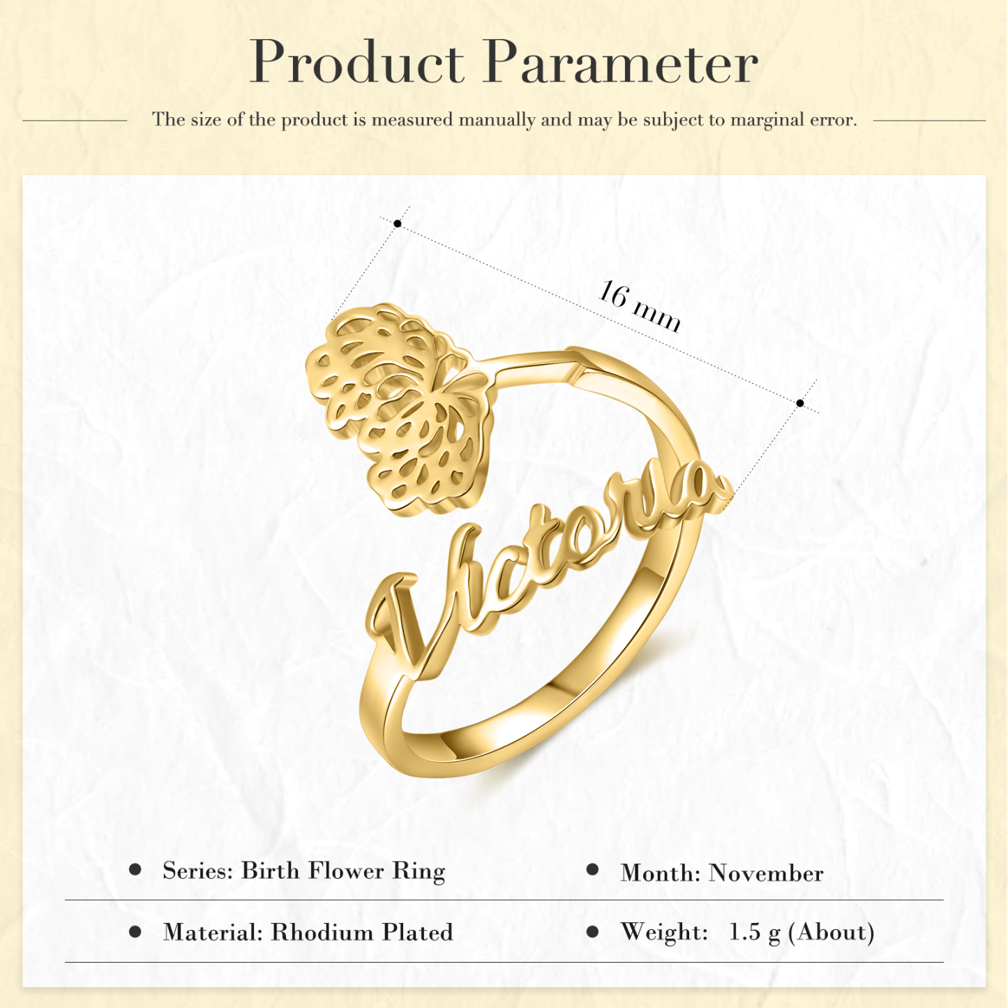 Personalised November Birth Flower Ring With Name Gifts For Her-Jessemade AU