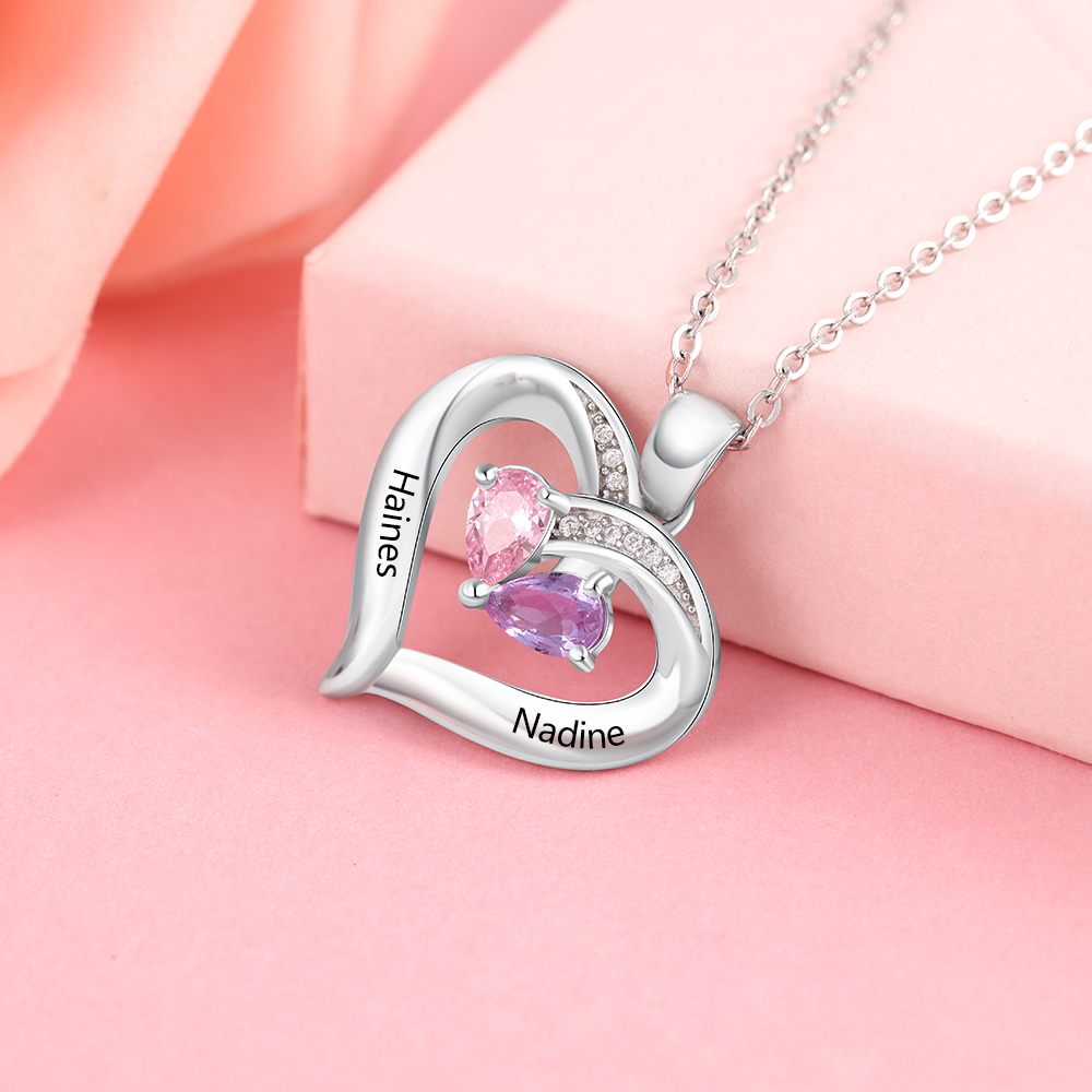 Personalised Heart Mother Necklace With 2 Birthstones Engraved Names Gifts For Her-Jessemade AU
