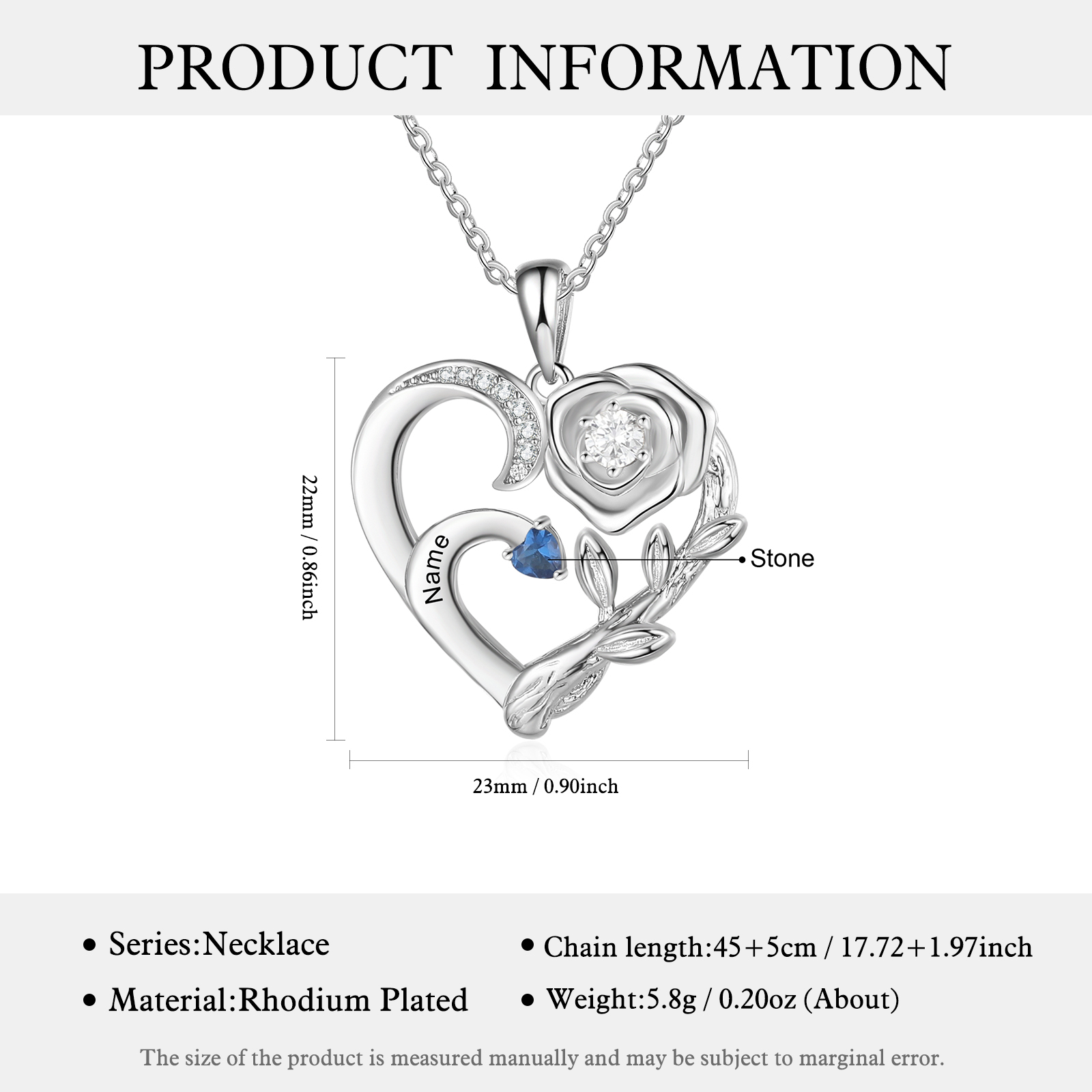 Personalised Rose Heart Necklace Custom 1 Name & Birthstone Mother Necklace-Jessemade AU