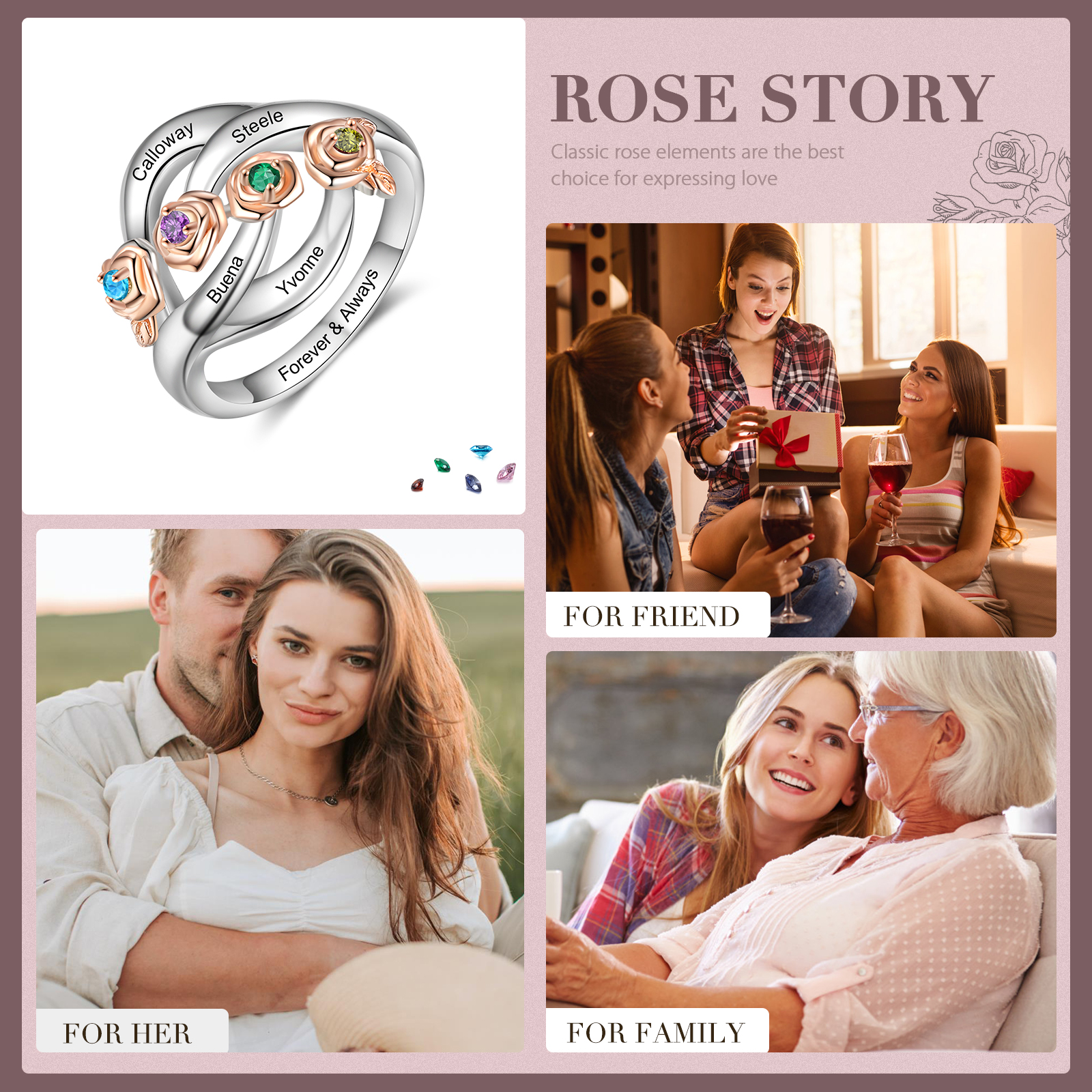 Personalised Rose Ring With 4 Birthstones Engraved Names Ring Gift For Women-Jessemade AU