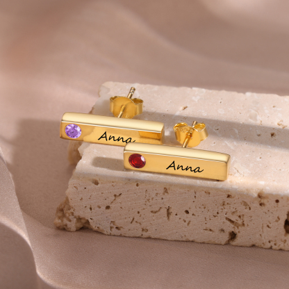 Personalised Bar Earrings Custom 2 Birthstones & 1 Text Earrings Gold Birthday Gift for Her-Jessemade AU