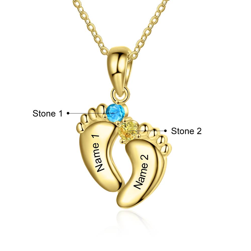Baby Feet Necklace Custom 2 Birthstones Family Gifts Set for Mum