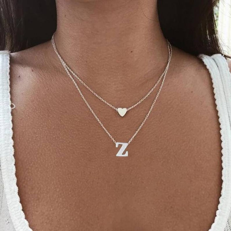 Double Layered Heart Necklace-Personalised Letter Necklace Gifts for her