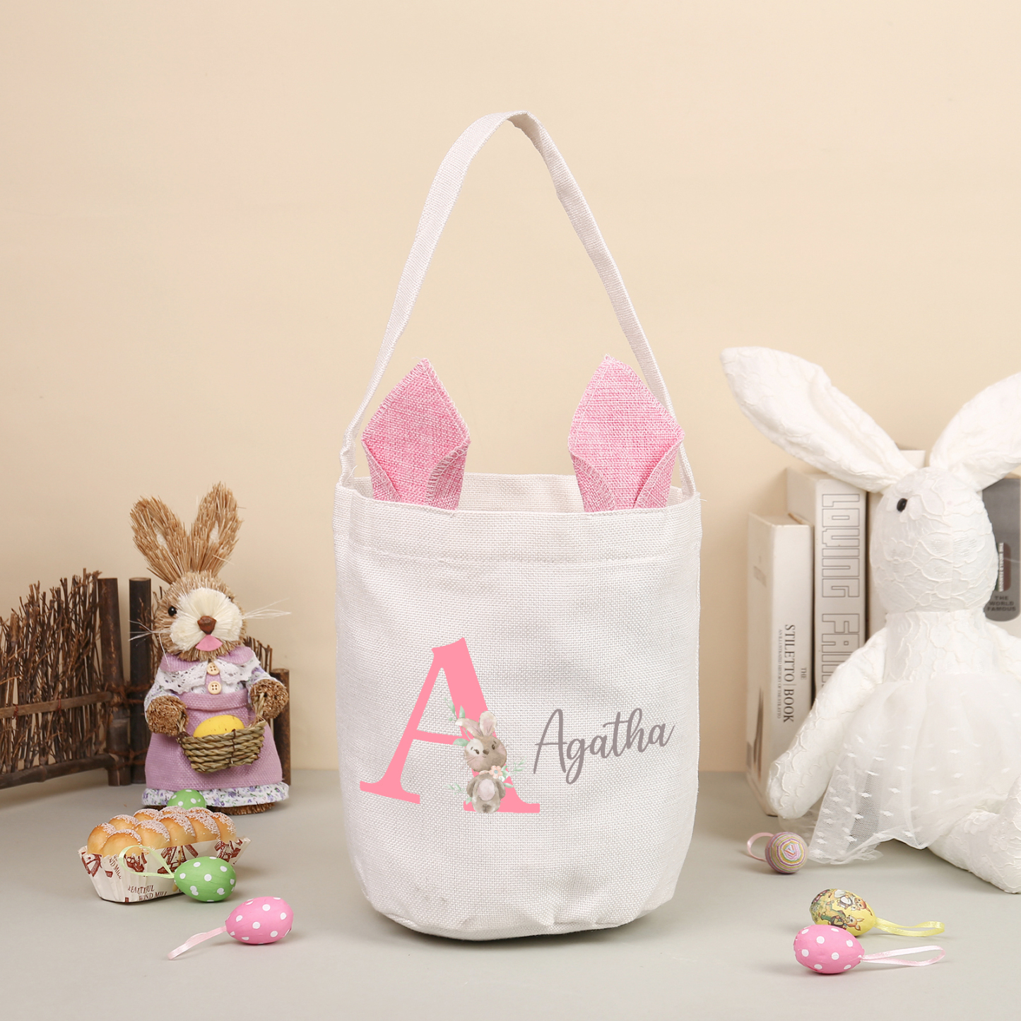 Personalised Bunny Tote Bag Custom Name & Letter Bunny Bucket Bag Easter Gifts for Kids-Jessemade AU