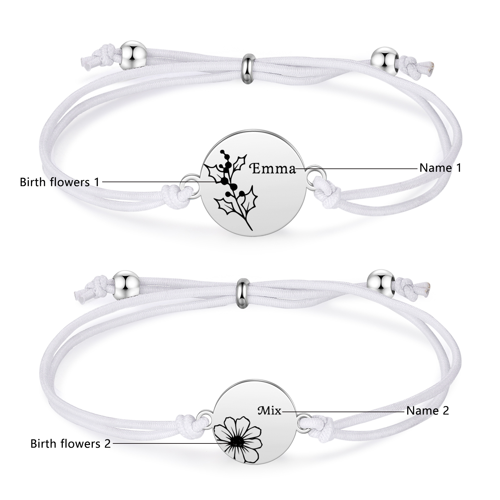 2 Pcs Bracelet Set Personalised Names & Birth Flowers Adjustable Bracelets with Message Card Back to School Gifts for Daughters-Jessemade AU