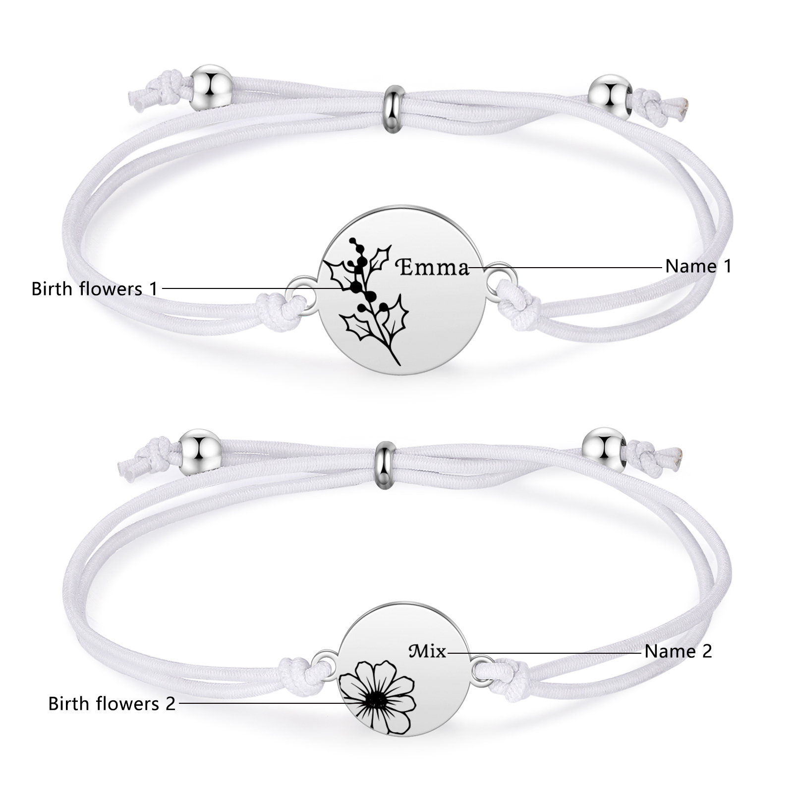 2 Pcs Bracelet Set Personalised Names & Birth Flowers Adjustable Bracelets with Message Card Back to School Gifts for Daughters-Jessemade AU