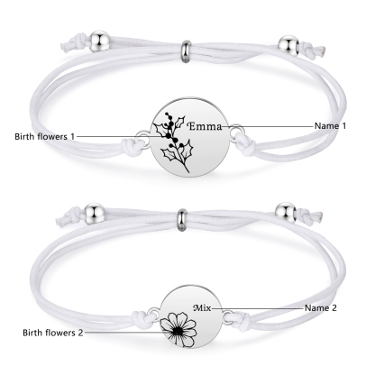 2 Pcs Bracelet Set Personalised Names & Birth Flowers Adjustable Bracelets with Message Card Back to School Gifts for Daughters-Jessemade AU