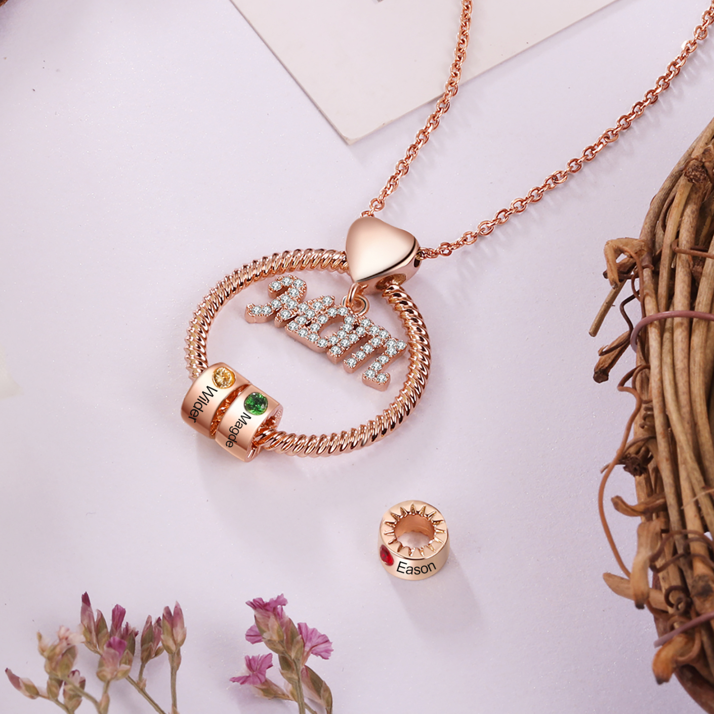 Personalised Necklace With 2 Birthstones Engraved Names Gift For Mother-Jessemade AU