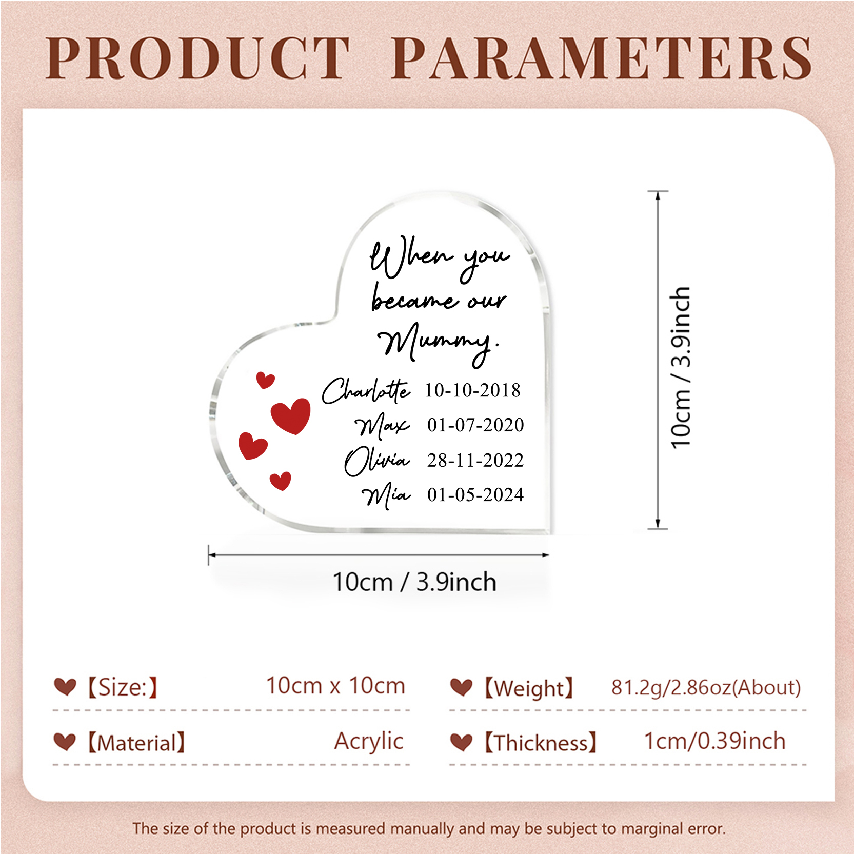 Personalised Name Acrylic Heart Keepsake Custom 4 Texts Ornaments Gifts - When You Became Our Mummy-Jessemade AU