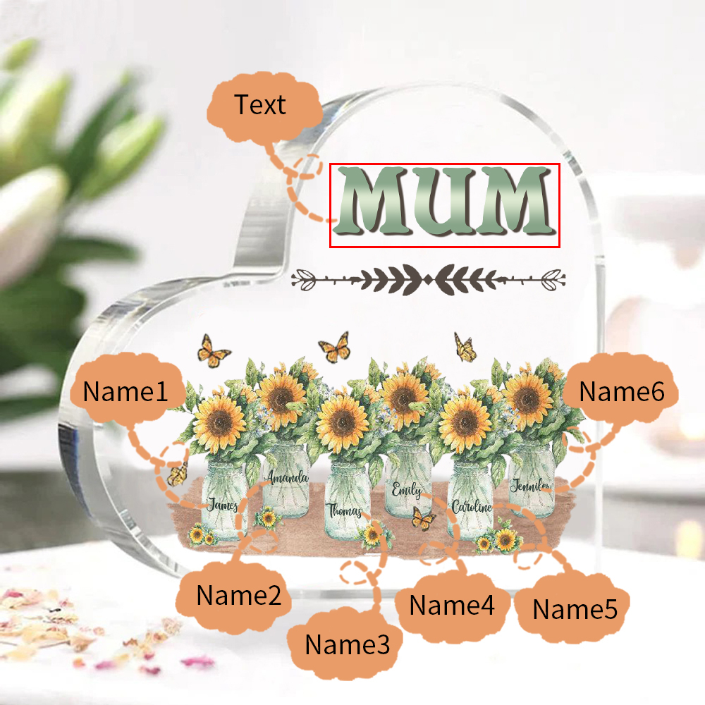 Personalised Acrylic Heart Keepsake Custom 6 Names & 1 Text Sunflower Vase Ornament Gifts for Mother/Grandma-Jessemade AU