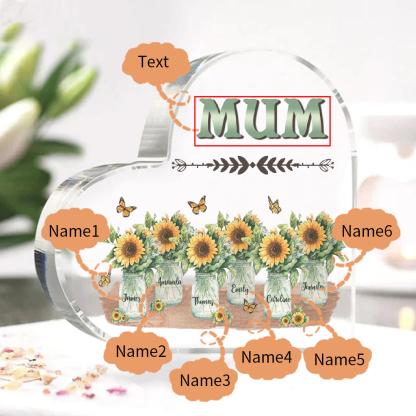 Personalised Acrylic Heart Keepsake Custom 6 Names & 1 Text Sunflower Vase Ornament Gifts for Mother/Grandma-Jessemade AU