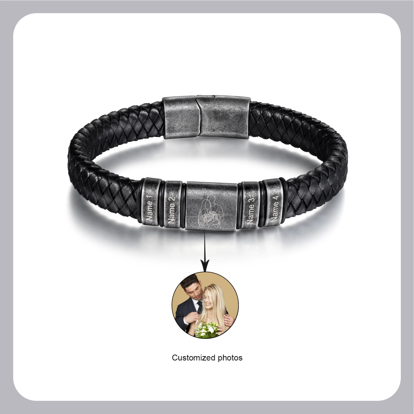 4 Names - Personalised Men's Leather Braided Bracelet Custom Name & Photo Bracelet Vintage Gift for Him-Jessemade AU