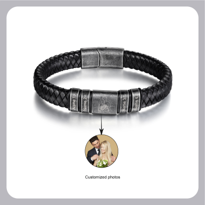 4 Names - Personalised Men's Leather Braided Bracelet Custom Name & Photo Bracelet Vintage Gift for Him-Jessemade AU
