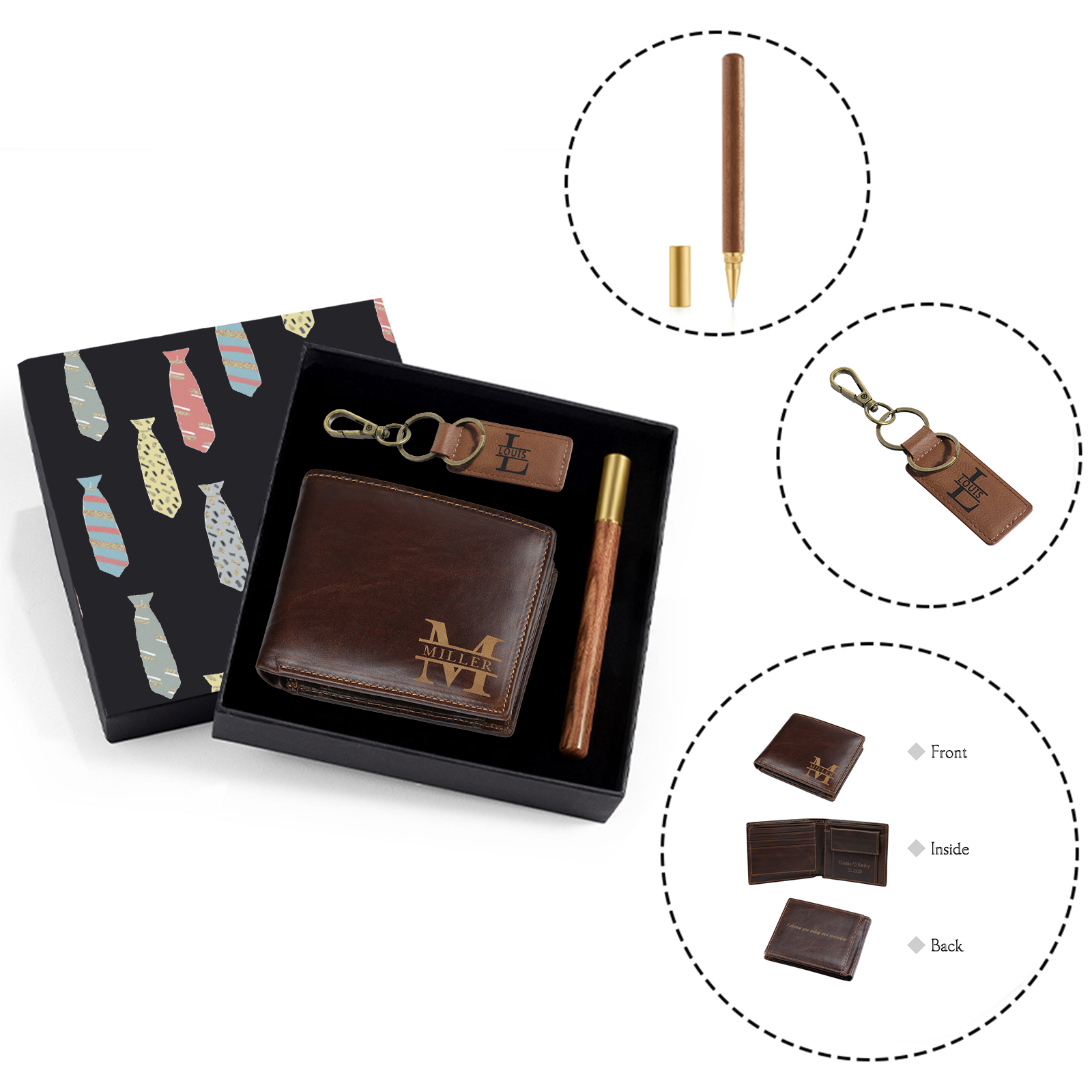 Personalised 2 Texts & 2 Names & 2 Letters Gift Set Custom Wallet & Keychain & Pen Gift Box Set Gift for Him