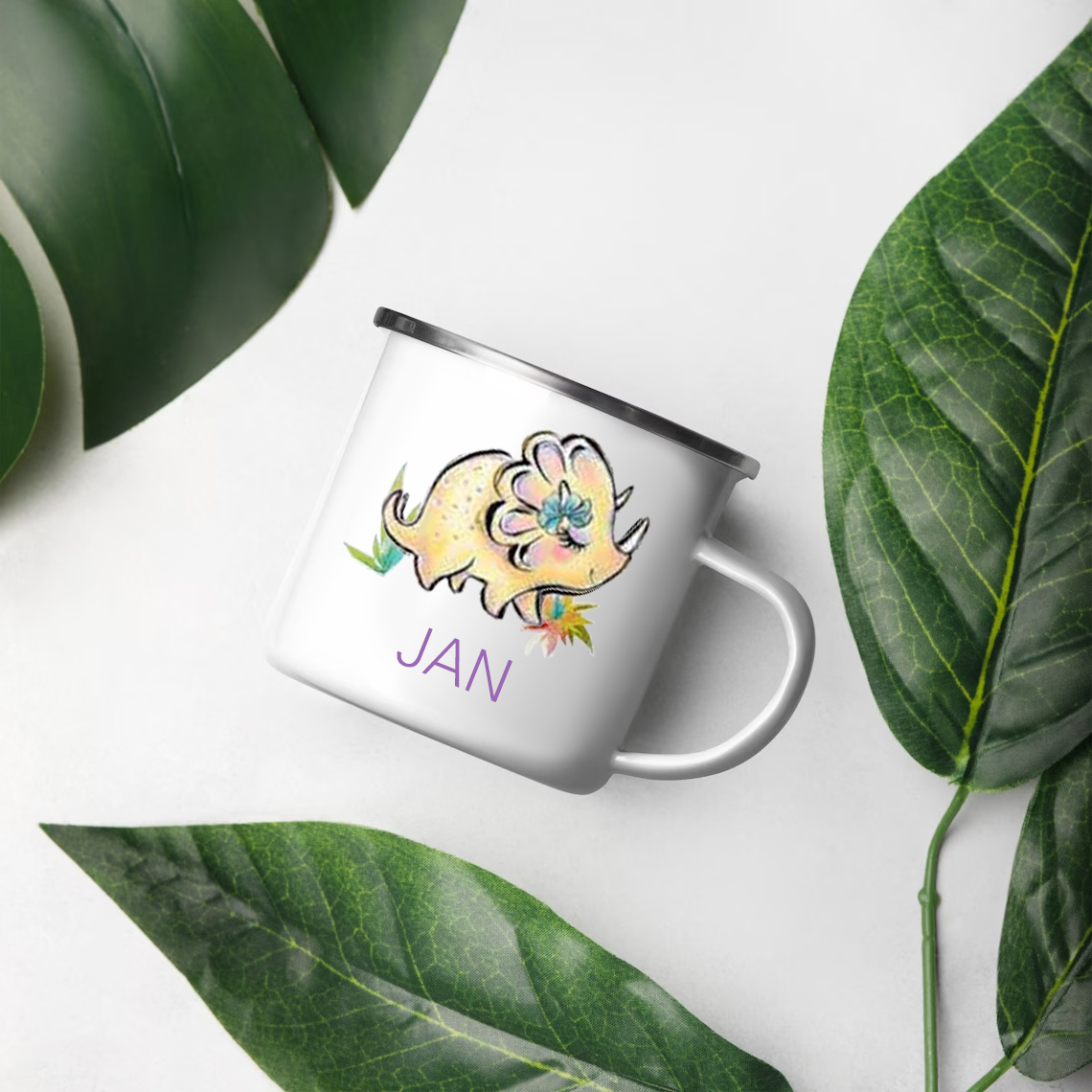 Personalised Enamel Mug Customised Name Dinosaur Cup Camping Mug Birthday Gift for Kids - Triceratops-Jessemade AU