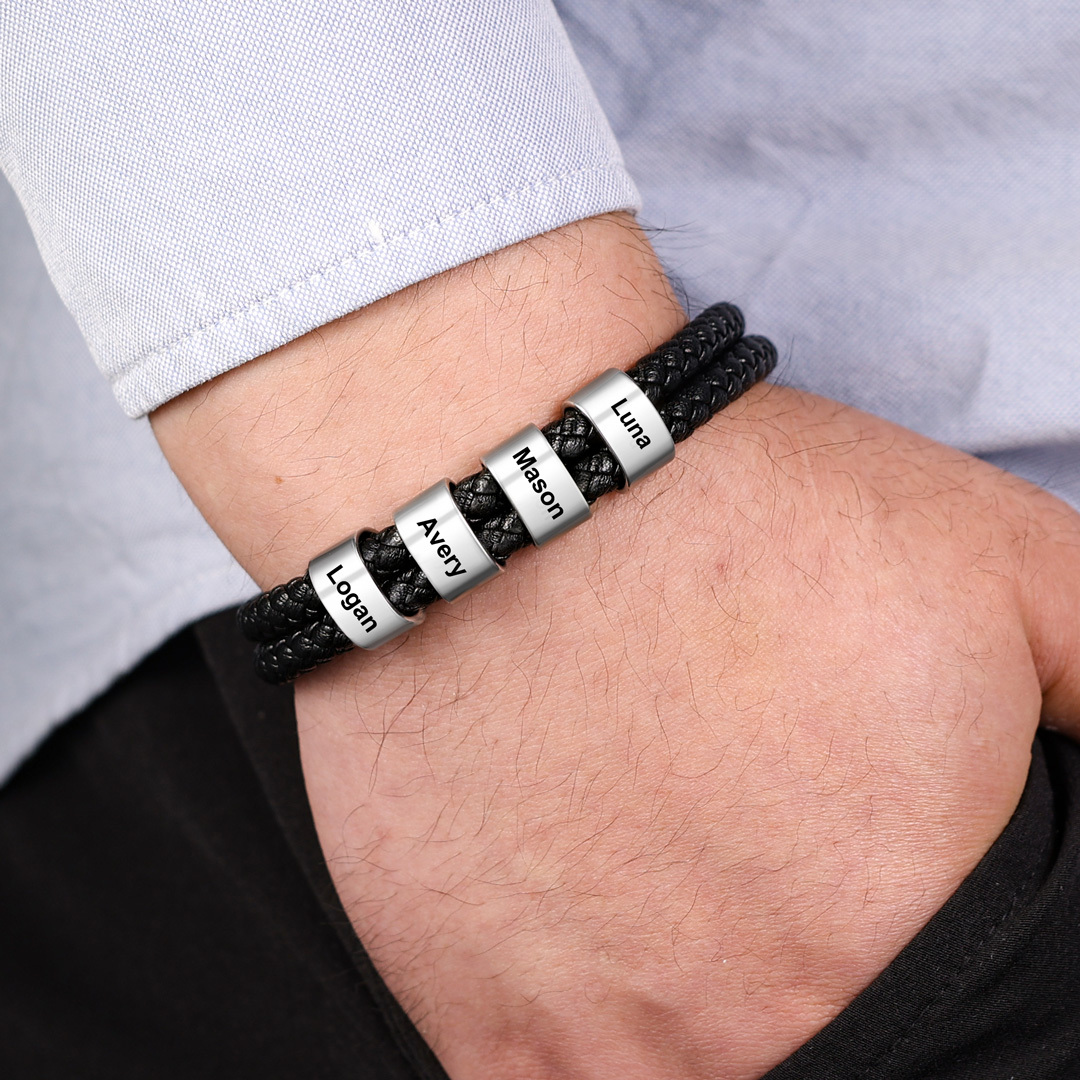 Personalised Braided Leather Bracelet Engraved 2 Names Men's Bracelet for Him