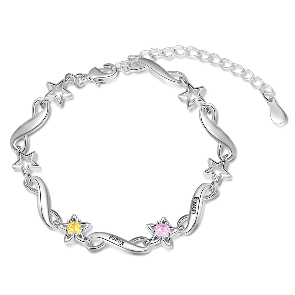 Personalised Star Bracelet With 2 Birthstones Engraved Names Bracelet Gift For Women-Jessemade AU