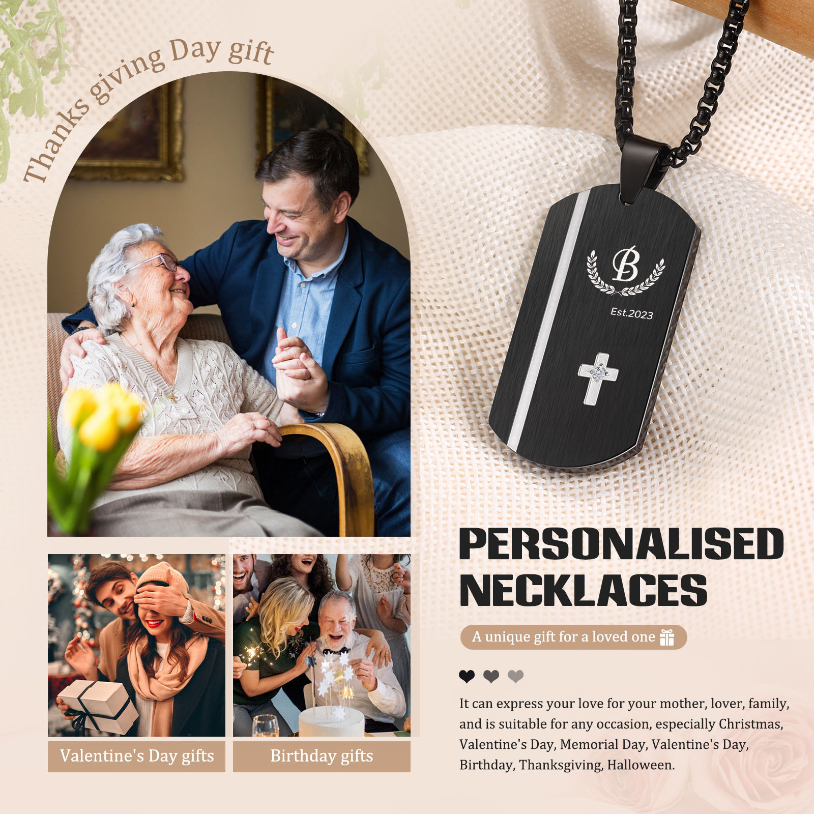 Personalised Men's Necklace Engraved Letter & Year & Text Dog Tag Necklace Stainless Steel Gift for Him-Jessemade AU