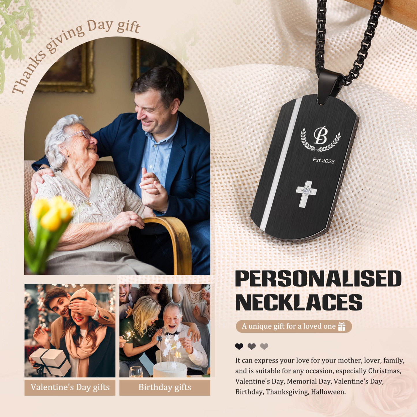 Personalised Men's Necklace Engraved Letter & Year & Text Dog Tag Necklace Stainless Steel Gift for Him-Jessemade AU