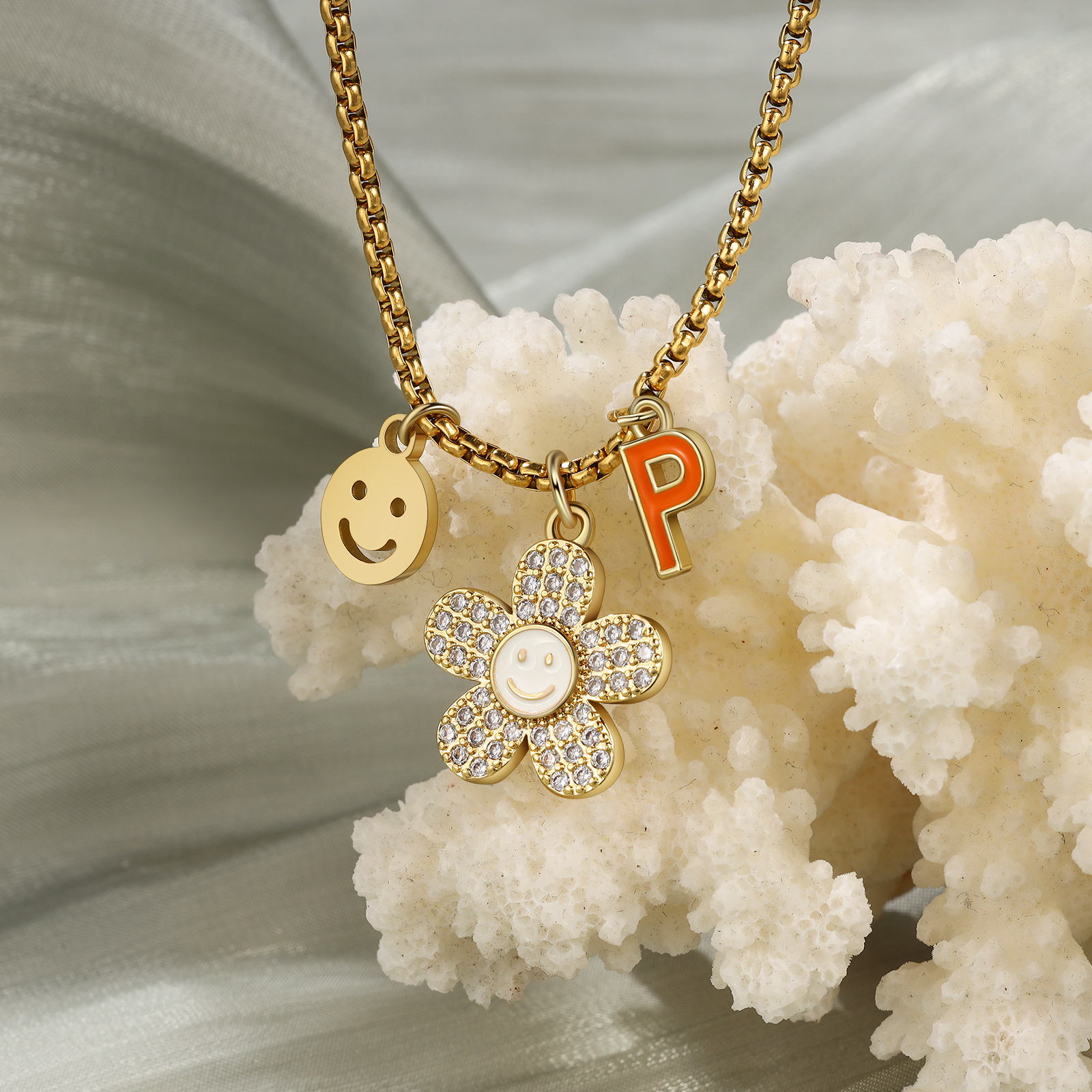 Personalised Smile and Flower Necklace Custom Birthstone and Initial Kid's Necklace-Jessemade AU