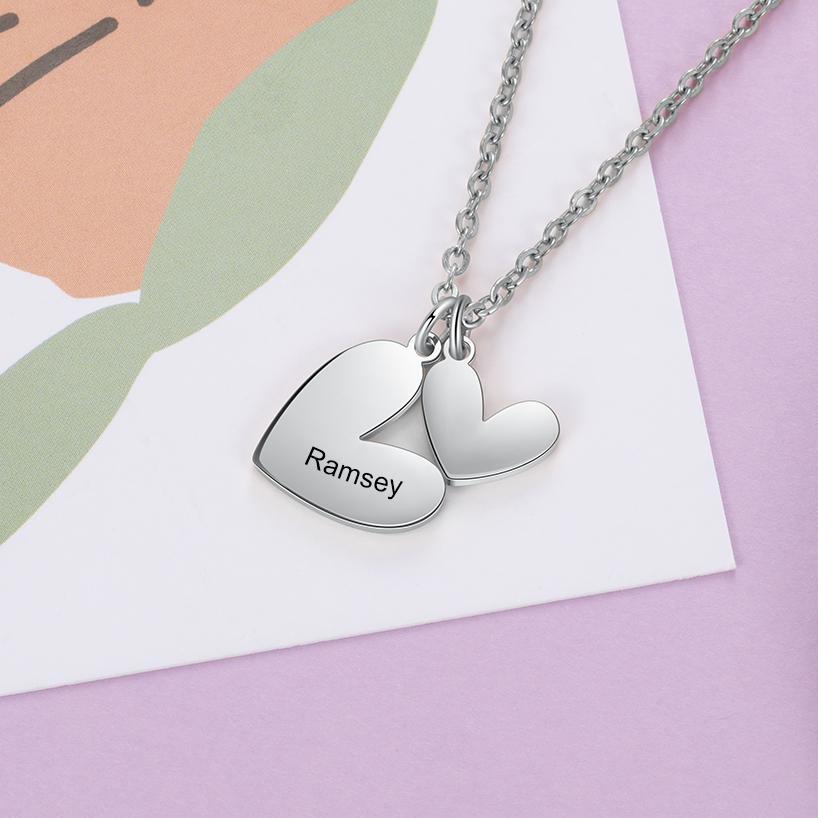 Two Heart Pendant Necklace Engraved Name with Heart Charms Gifts for Her-Jessemade AU