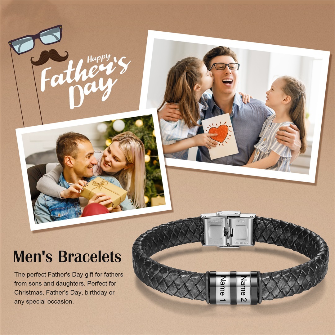 Men Leather Braided Bracelet Personalised with 2 Names Black-Jessemade AU