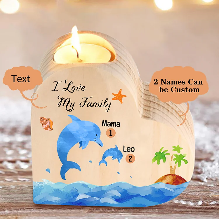 Family Dolphin Heart Candle Holder Personalised Wooden Candlestick Custom 2 Names-Jessemade AU