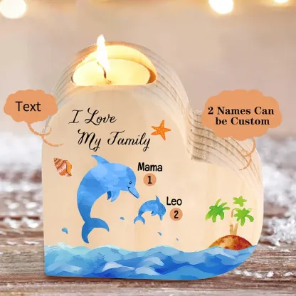 Family Dolphin Heart Candle Holder Personalised Wooden Candlestick Custom 2 Names-Jessemade AU