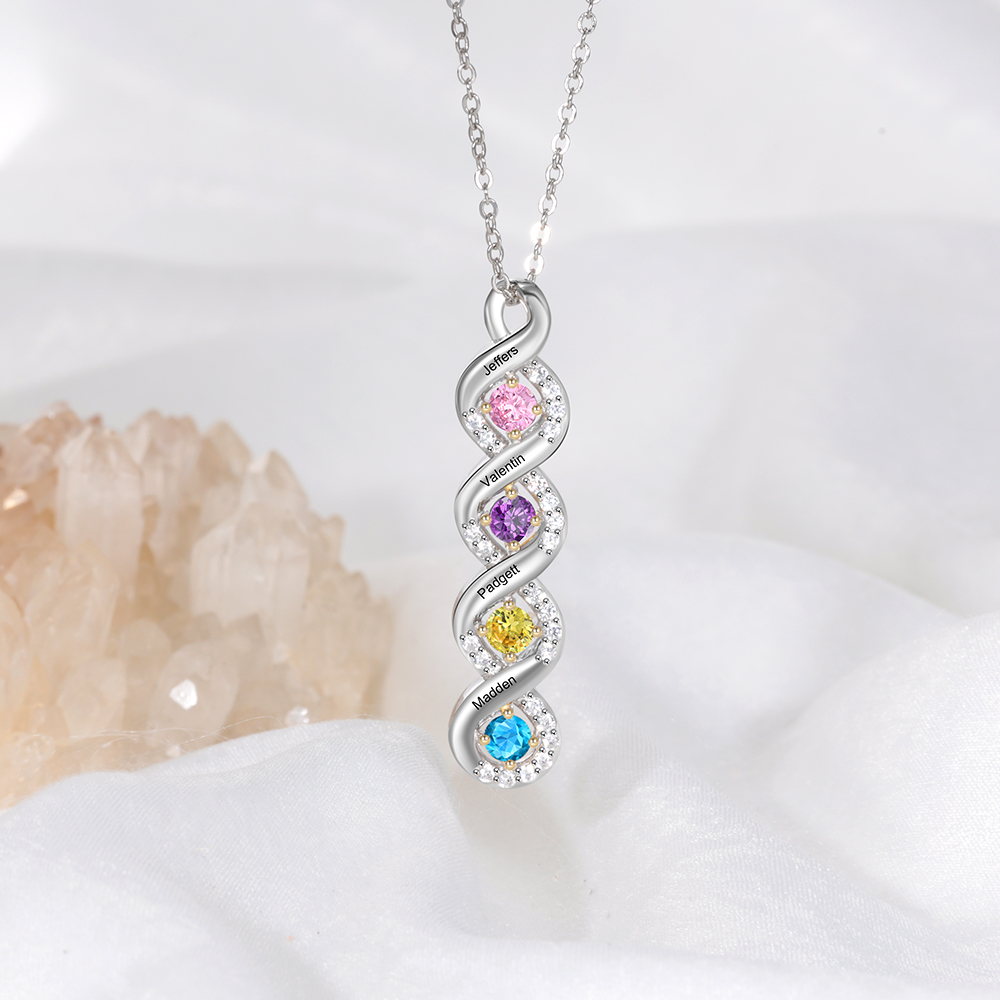 Personalised DNA Necklace With 4 Birthstones Engraved Names Gift For Women-Jessemade AU
