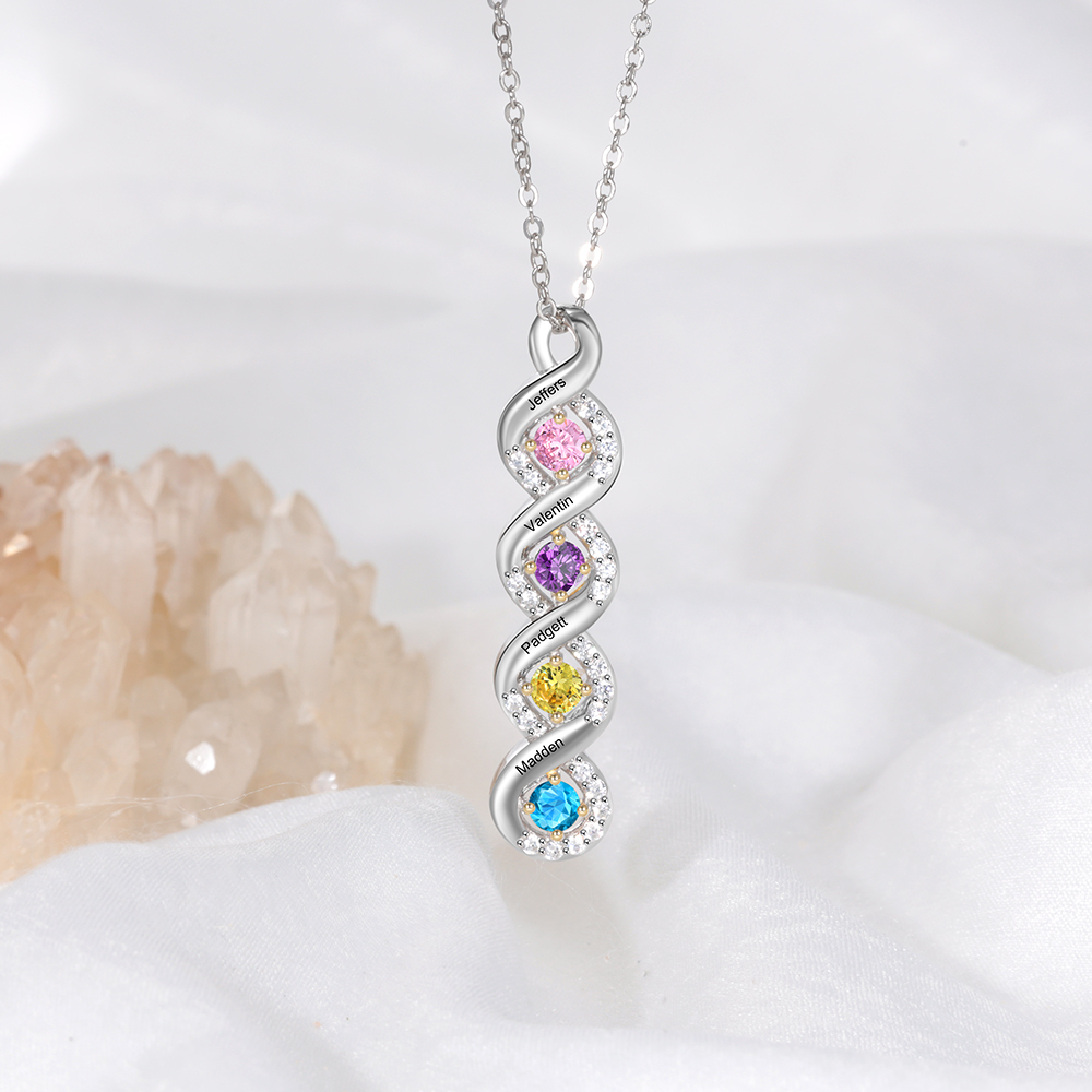Personalised DNA Necklace With 4 Birthstones Engraved Names Gift For Women-Jessemade AU