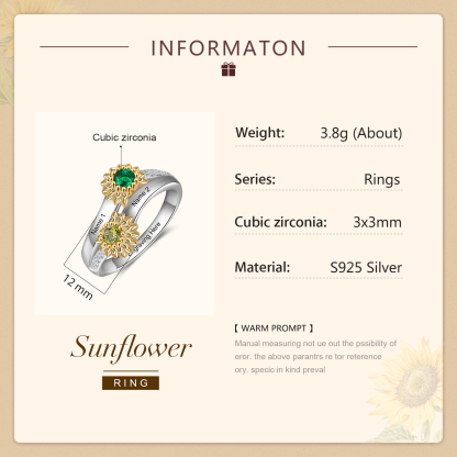 Personalised Sunflower Ring With 2 Birthstones Engraved Names Ring Gift For Women-Jessemade AU