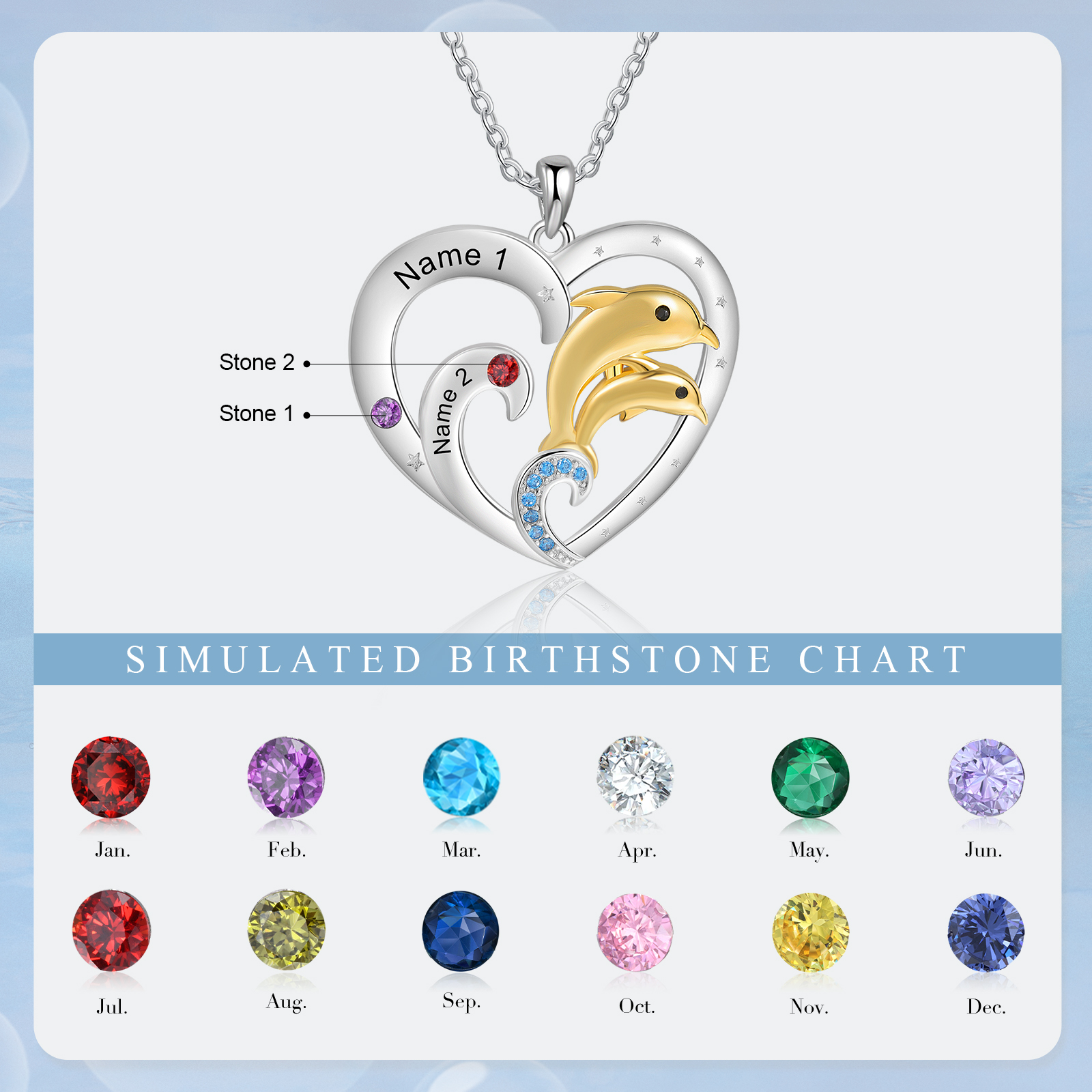Personalised Heart Dolphin Pendant Necklace Custom 2 Birthstones Engraved 2 Names Necklace Gift for Her-Jessemade AU