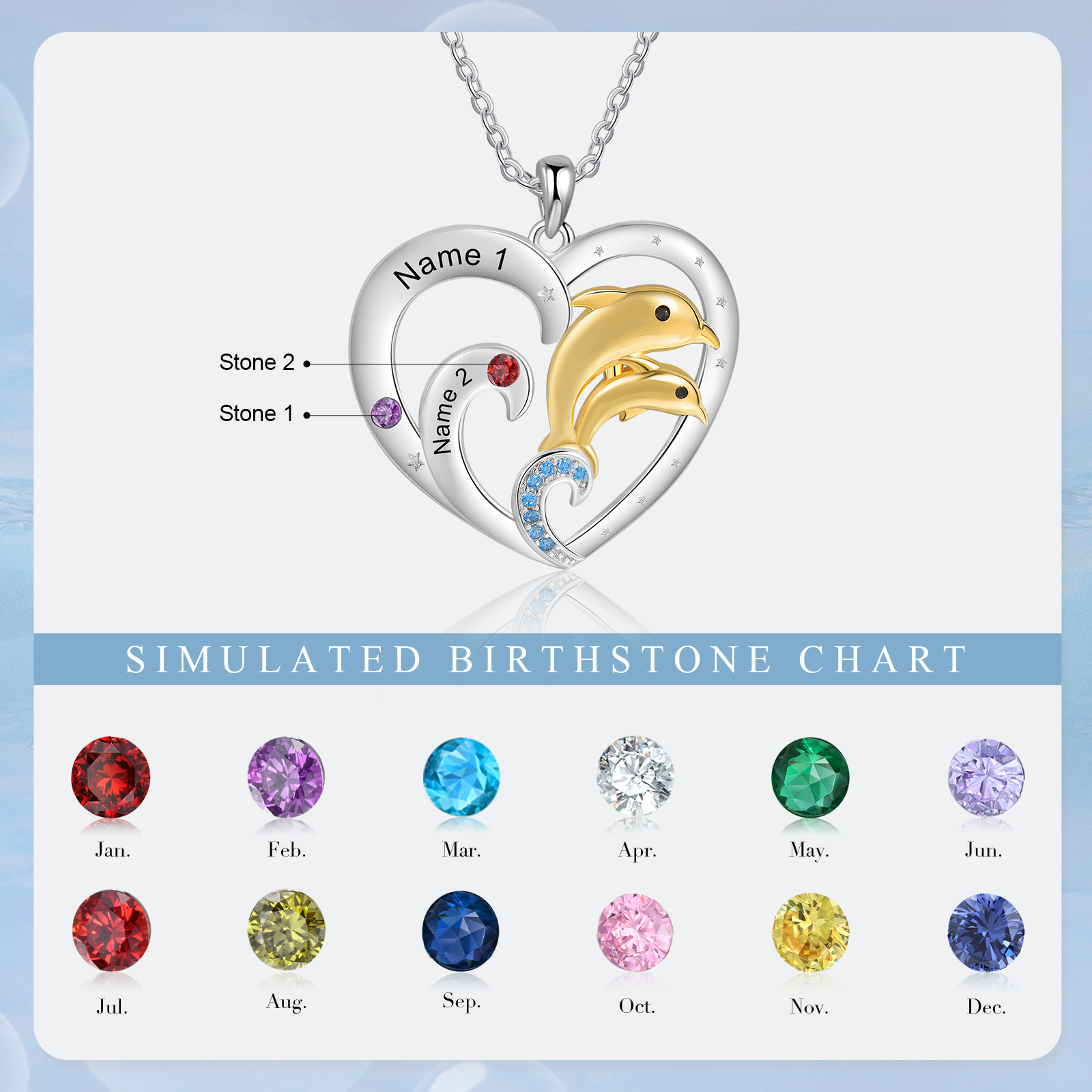 Personalised Heart Dolphin Pendant Necklace Custom 2 Birthstones Engraved 2 Names Necklace Gift for Her-Jessemade AU