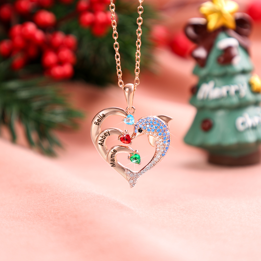 Personalised Heart Dolphin Necklace With 2 Birthstones Engraved Names Gift For Her-Jessemade AU