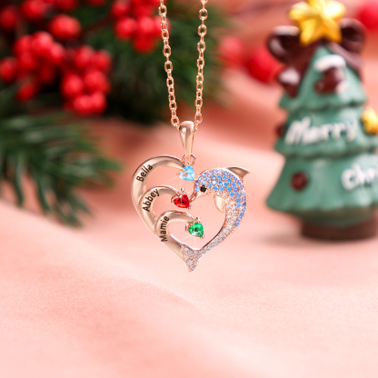 Personalised Heart Dolphin Necklace With 2 Birthstones Engraved Names Gift For Her-Jessemade AU