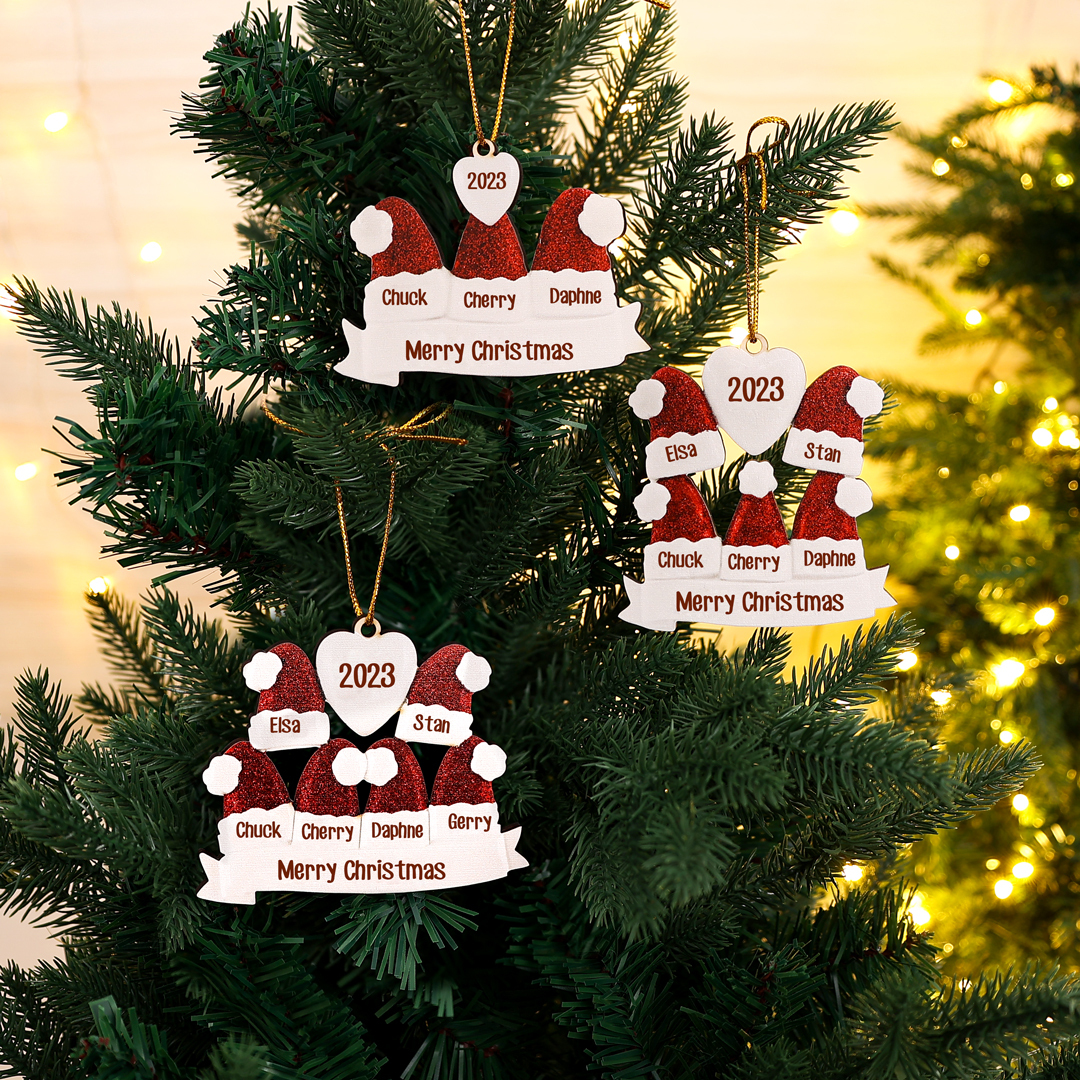6 Names - Personalised Wooden Christmas Hat Ornaments Custom Text & Name & Year Xmas Pendant Gifts for Family-Jessemade AU
