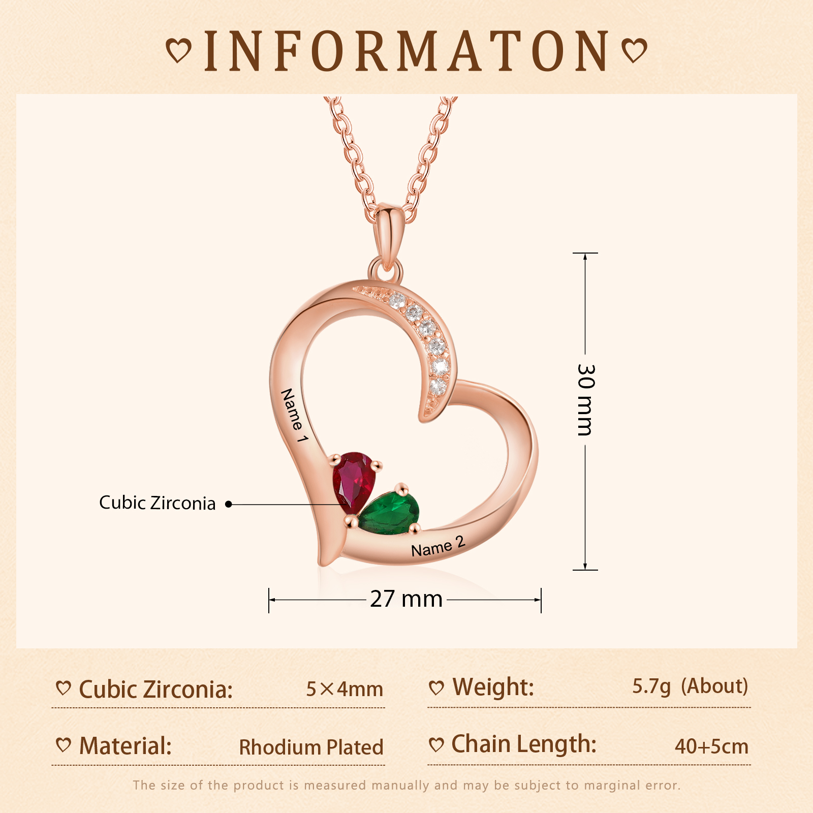 2 Names - Personalised Heart Pendant Necklace Customised Names & Birthstones Necklace Birthday Gift for Her-Jessemade AU
