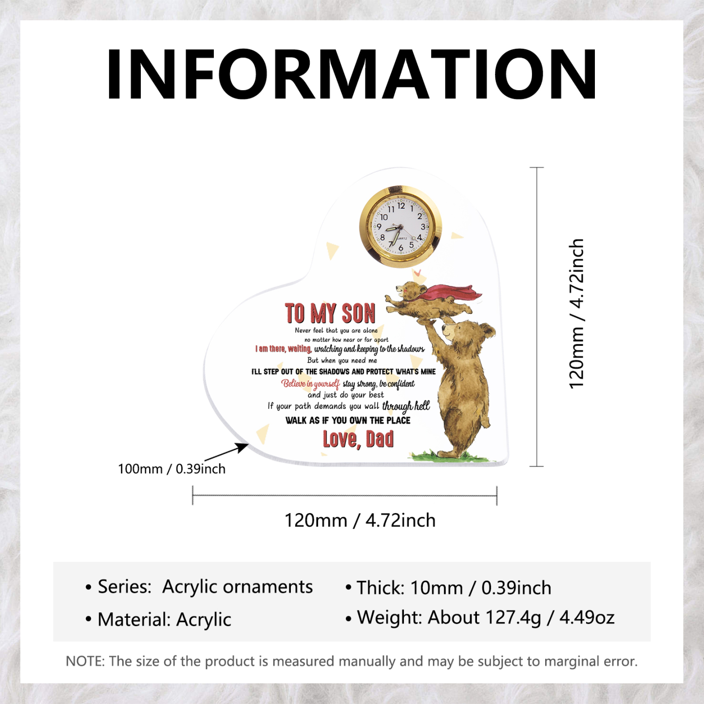 To My Son From Dad Acrylic Heart Clock Keepsake Heart Sign - Never feel that you are alone-Jessemade AU