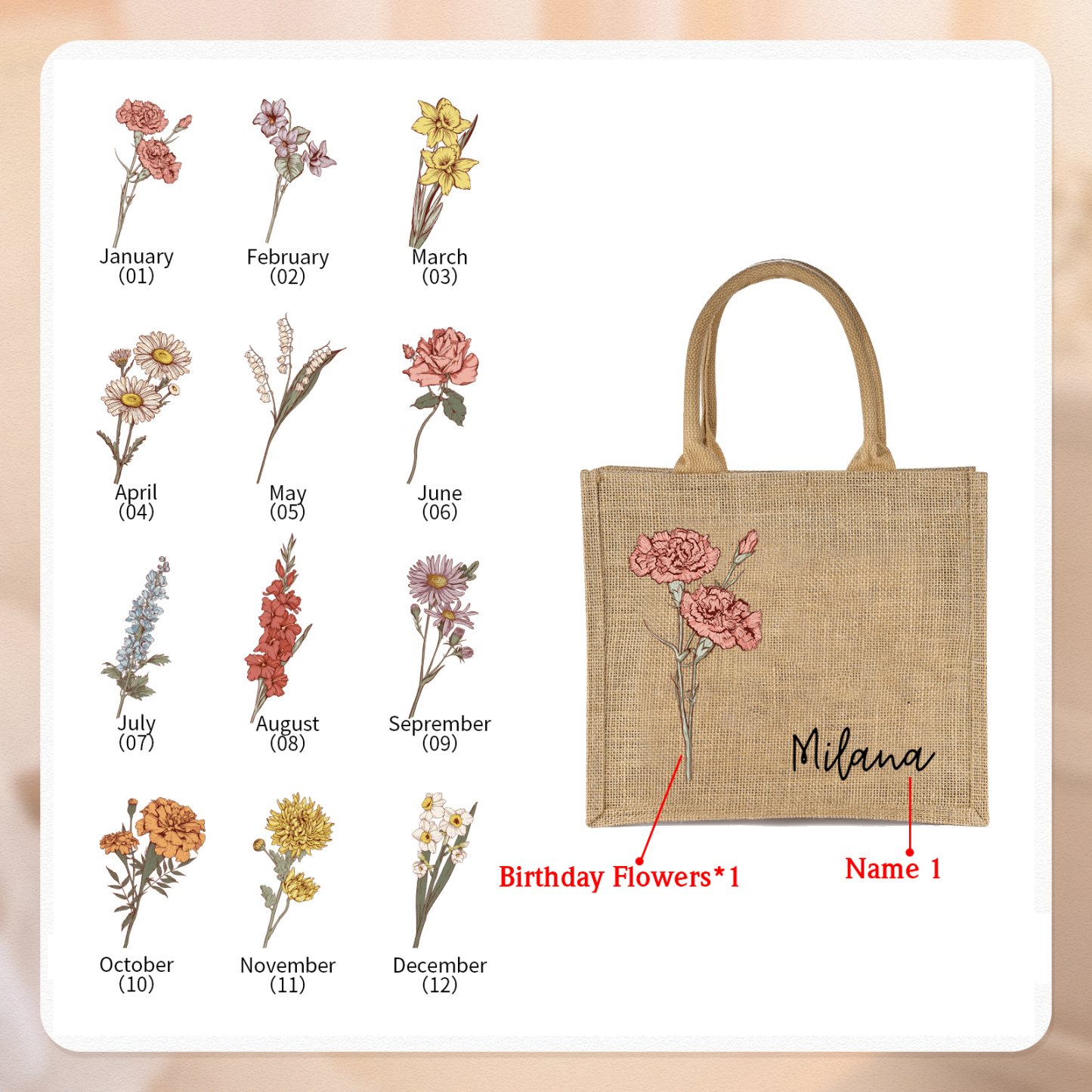 Personalised Birth Flower & Name Tote Bag Beach Jute Bag Birthday Wedding Party Travel Gift for Women/Girls-Jessemade AU