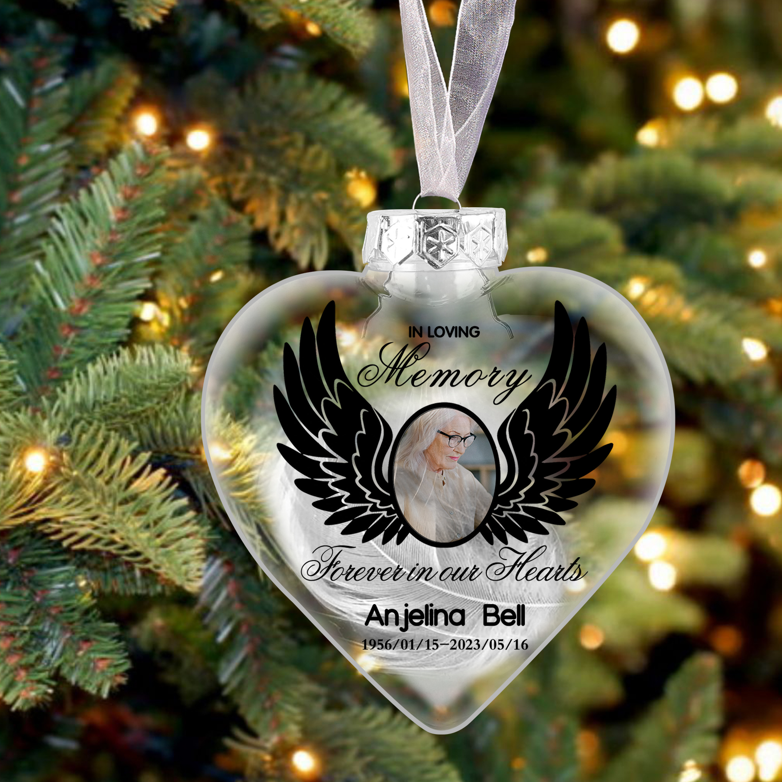 Heart Christmas Memorial Ornaments Custom Name & Date & Photo Feather Ornament Commemorate Deceased Loved Ones - Forever In Our Hearts-Jessemade AU